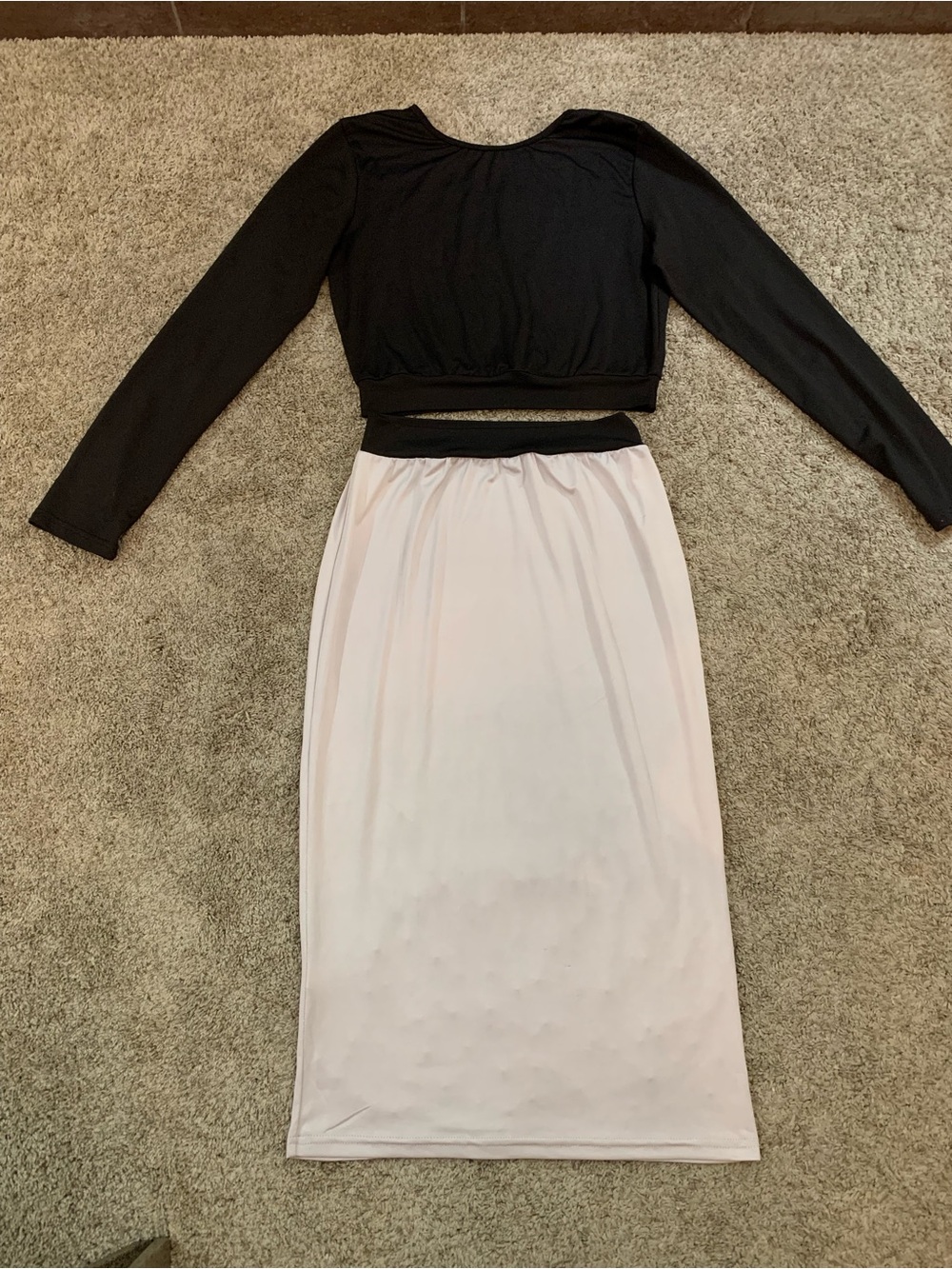 Great Stretch On This Black and Cement Grey Two-Piece Midi Skirt Set